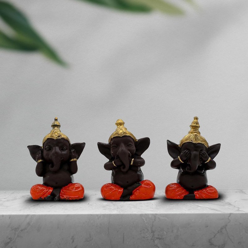 Set of 3 Polyresin 3 Wise Ganesha Figurines, Decorative Showpiece with Gold Crown, 4.5 Inch, Dark Brown for Home, Office & Temple Decor