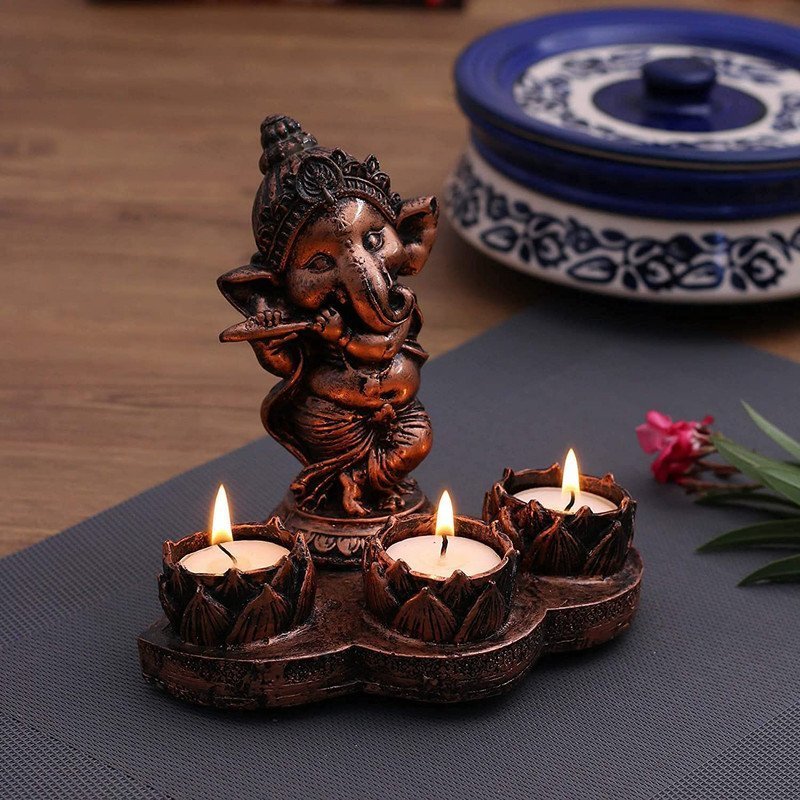 Copper Ganesh Idol with Tealight Candle Holder - Traditional Indian Decorative Item for Home & Office