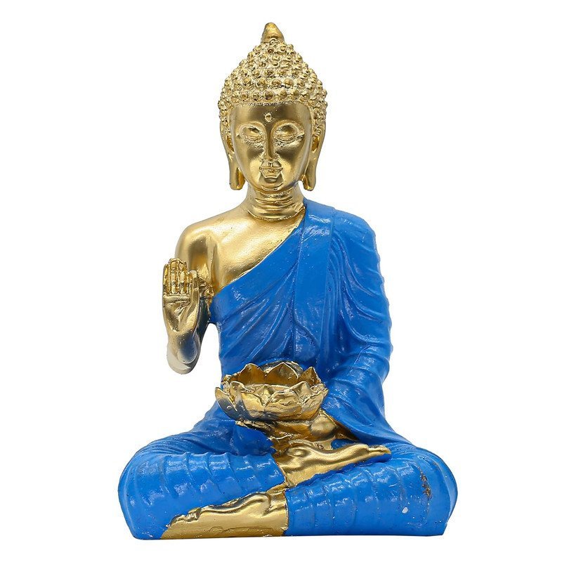 Buddha with Lotus Flower Statue, Blue Robe Gold Finish, 24.1 x 16.5 cm, Meditation Lotus Bowl