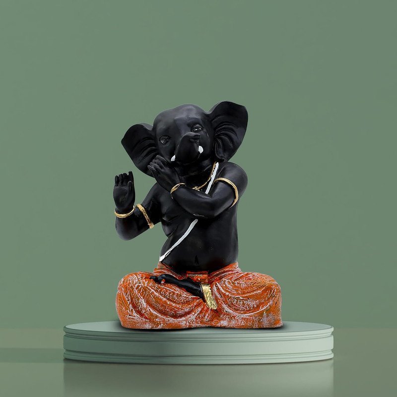 Black Lord Ganesha Idol in Dancing Pose Polyresin Ganpati Statue with Orange Dhoti for Home Temple Decor, 6 Inch