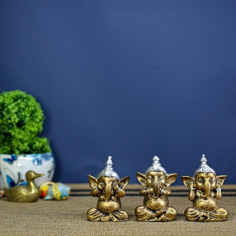 Set of 3 Wise Ganesha Idols Brass Finish Ganpati Statues in See No Evil, Hear No Evil, Speak No Evil Pose for Home Decor & Gift 3 Inch