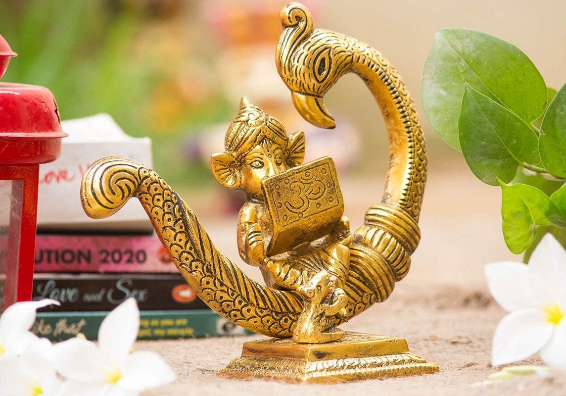 Reading Ganesha Idol on Peacock Brass Finish Ganpati Statue with Book and Om Symbol for Home Decor, Office Desk & Gift 6 Inch