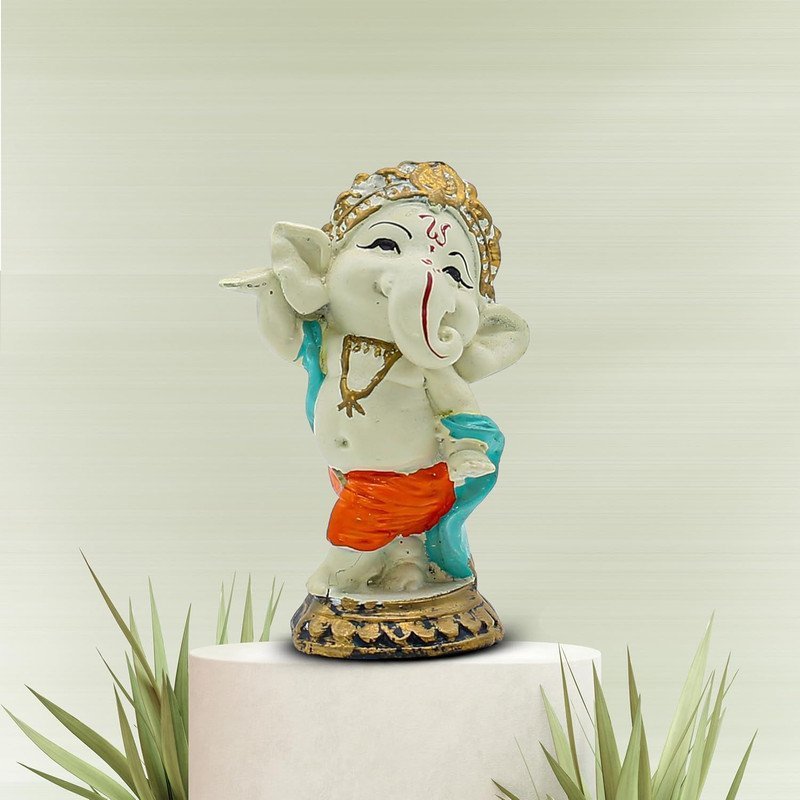 Dancing Baby Ganesha Idol Colorful Ganpati Statue in Orange Dhoti for Home Temple Decor, Car Dashboard & Spiritual Gift 5 Inch Polyresin