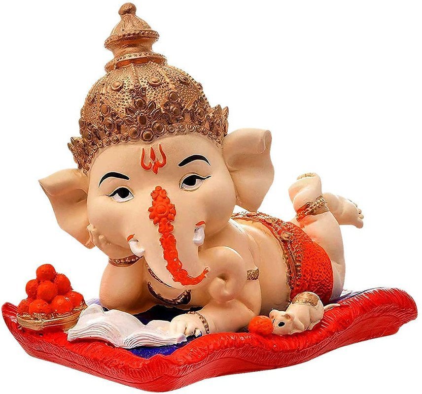 Baby Ganesha Idol Reading Book with Ladoo Cute Ganpati Statue for Home Temple Decor, Office Desk & Gift, Orange Dhoti Polyresin Showpiece 6 Inch