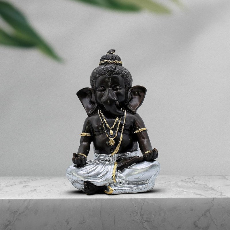 Lord Ganesha Idol for Home Decor | Black & Silver Meditating Ganpati Statue | Polyresin Ganesh Murti for Pooja Room, Office, Car Dashboard & Gift 6 Inch