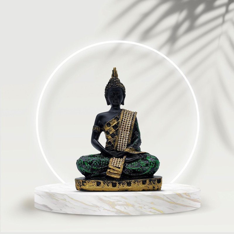 Decorative Buddha Statue with Crystal Embellishments, Black and Gold, 7.5 x 5 Inch