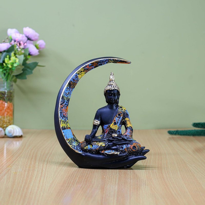 Decorative Buddha Statue on Crescent Moon, Black with Colourful Mosaic Pattern, 20 x 15 cm