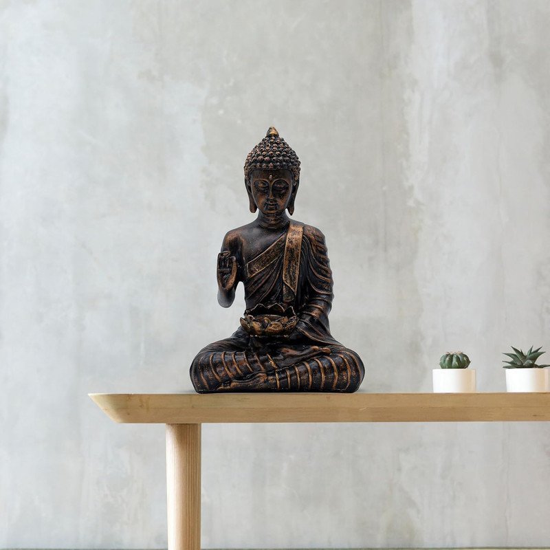 Meditation Buddha Statue with Lotus Bowl for Office Decor, Bronze Antique Finish, 24.1 x 16.5 cm