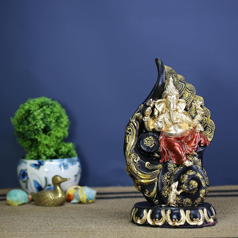 Ganesha Statue Sitting on a Mouse - Black and Gold Decorative Figurine for Home & Office - Hindu God of Wisdom and Prosperity - Perfect for Diwali and Ganesh Chaturthi