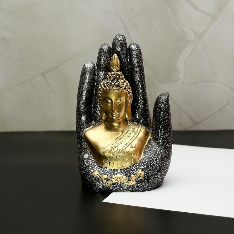 Abhaya Mudra Resin Statue, Fearless Protection Decor for Living Room, Meditation Space & Altar, Black & Gold Buddha Hand Ornament