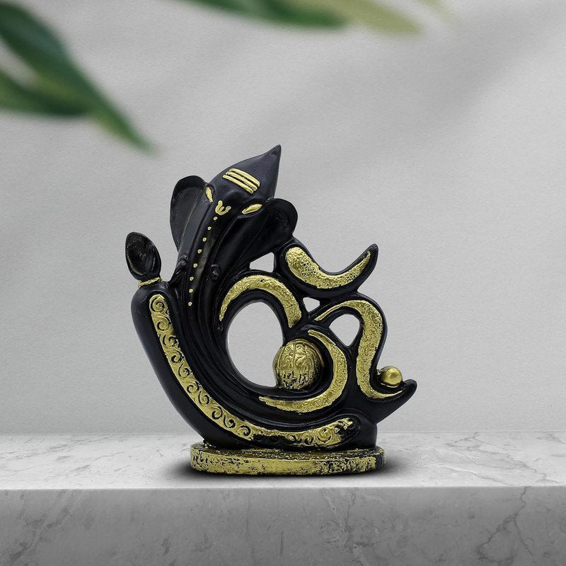 Black & Gold Resin LordGanesha Statue with OM Script Decorative Puja Room & Home Temple Idol, Spiritual Showpiece for Diwali, Ganesh Chaturthi & Good Luck Gift