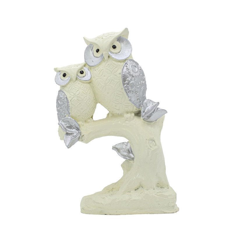 Polyresin Owl Set of 2 Showpiece for Table Decor, White and Silver, 9 inch Height