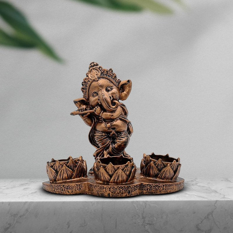 Polyresin Ganesha Flute Tea Light Candle Holder Antique Copper LordGanesha Statue with 3 Lotus Tea Lights for Puja Room, Home Decor, Diwali & Ganesh Chaturthi Gift