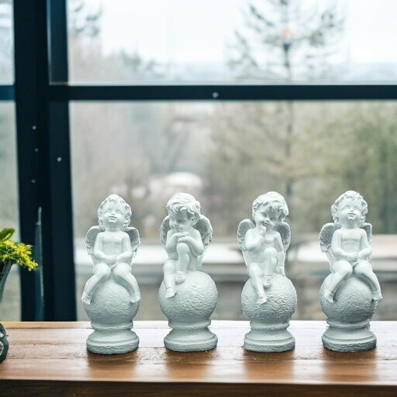 White Angel Figurine Set of 4, Decorative Garden Statues, 8 Inch Height, 3-3.5 Inch Width