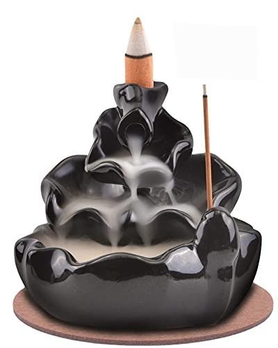 Black Ceramic Waterfall Backflow Incense Burner Lotus Leaf Design, Aromatherapy Incense Cone Holder for Home, Yoga & Meditation decor