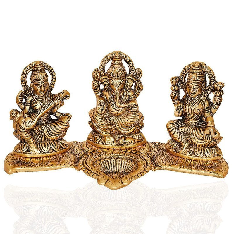 Brass Lakshmi-Ganesha-Saraswati Diya Holder on Leaf Plate Gold-Tone Hindu Trio Statues with Oil Lamp for Puja Room, Temple & Home Decor, Diwali & Wedding Gift