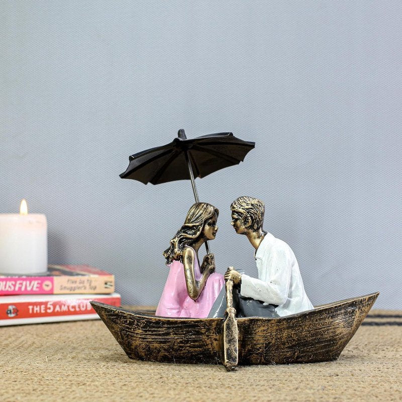 Romantic Couple in Boat Resin Sculpture HandPainted Umbrella Love Statue for Home Decor, Anniversary, Valentines Day Gift