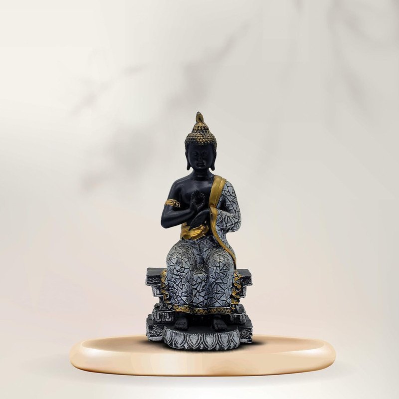 Buddha Sculpture Home Decor, Black and Gold Mosaic Design, 26.7 cm x 12.7 cm,Resin Mindfulness Figurine in Black & Gold, Meditation Statue for Living Room, Desk & Spiritual Gift