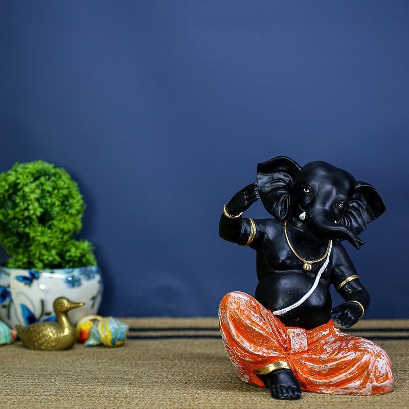 Black Lord Ganesha Idol with Orange Dhoti | Polyresin Ganpati Statue for Home Decor, Pooja Room, Office & Festive Gift | Decorative Ganesh Murti 6 Inch
