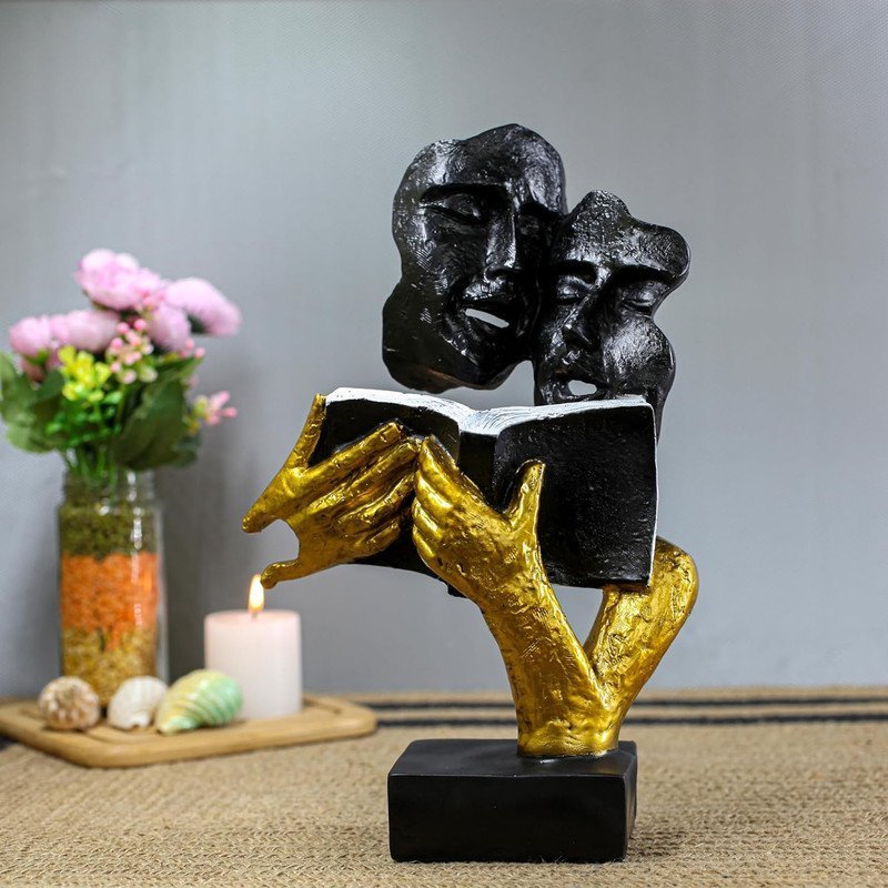 Romantic Abstract Couple Reading Book Statue Black & Gold Resin Figurine for Home decor, Modern Love Sculpture for Living Room, Bedroom, Study Table, Gift for Couples & Book Lovers