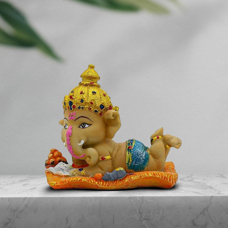 Cute Baby Ganesha Idol Reading Book | 5.5 Inch Colorful Polyresin Ganpati Statue for Home Decor, Study Table, Kids Room & Gift | Decorative Bal Ganesha Murti