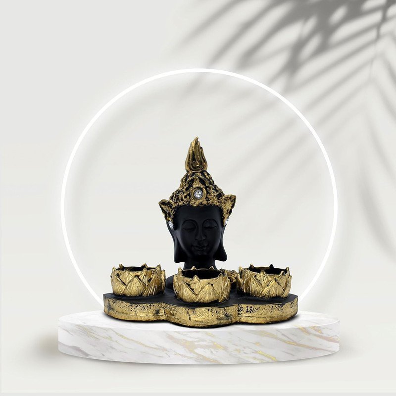 Resin Buddha Head Tealight Candle Holder Black & Gold Statue with 3 Lotus Votive Stands, 7 Home & Garden decor for Meditation & Spiritual Gift