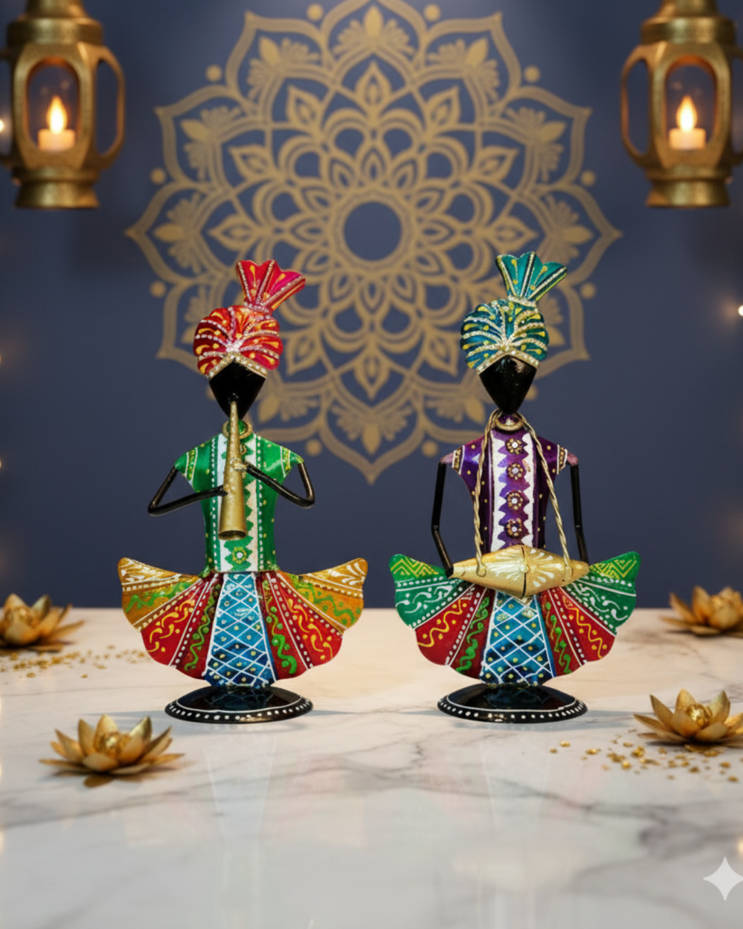 Iron Handpainted Rajasthani Musician Figurines – Set of 2 Metal Showpieces
