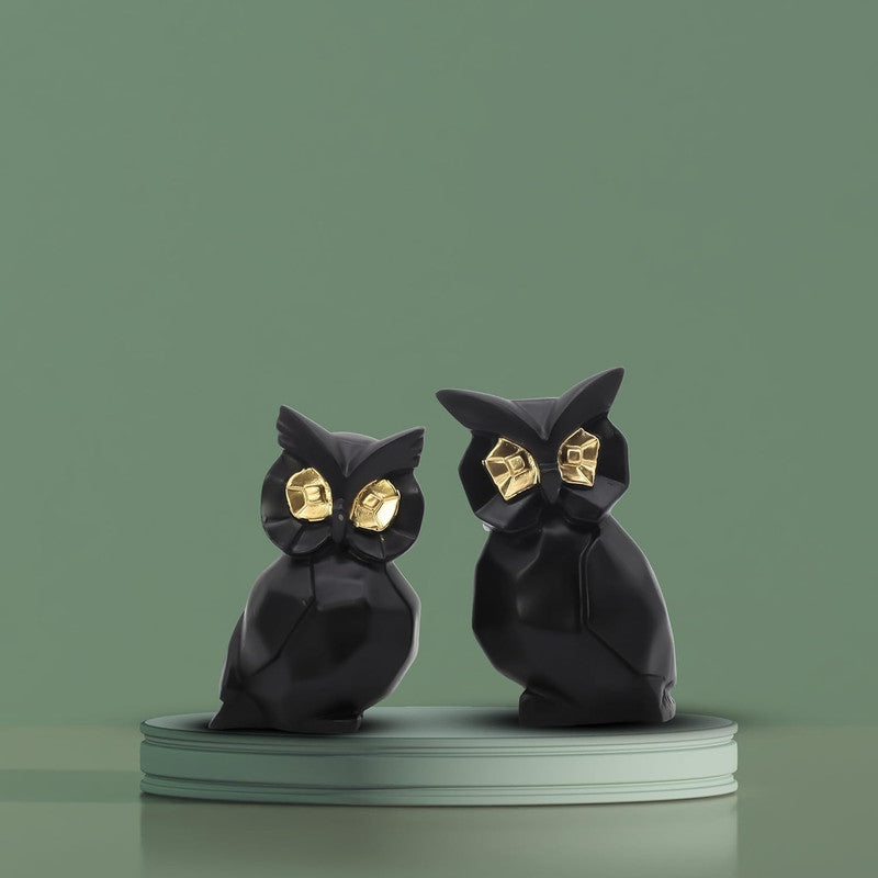 Modern Black Owl Figurine Duo - Gold-Eyed Sculptural Home Decor