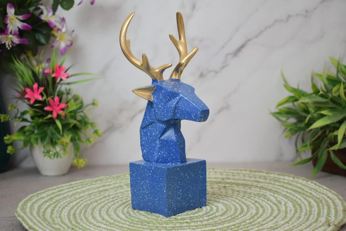 Blue Deer Head Sculpture with Gold Antlers - Modern Home Decor - Unique Gift Idea