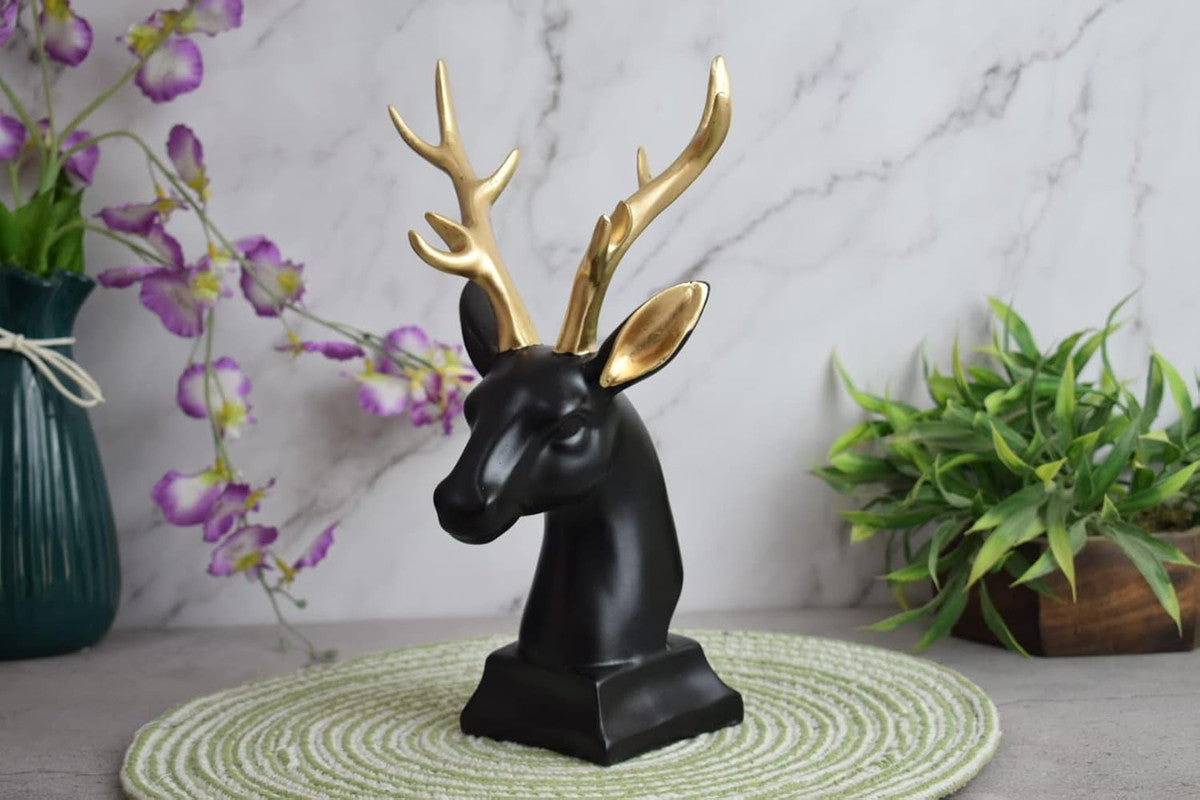 Elegant Black Deer Head with Gold Antlers - Contemporary Wall Hanging Sculpture