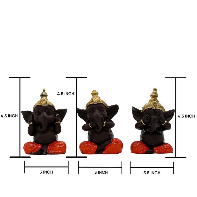 Set of 3 Polyresin Wise Ganesha Figurines with Gold Crown