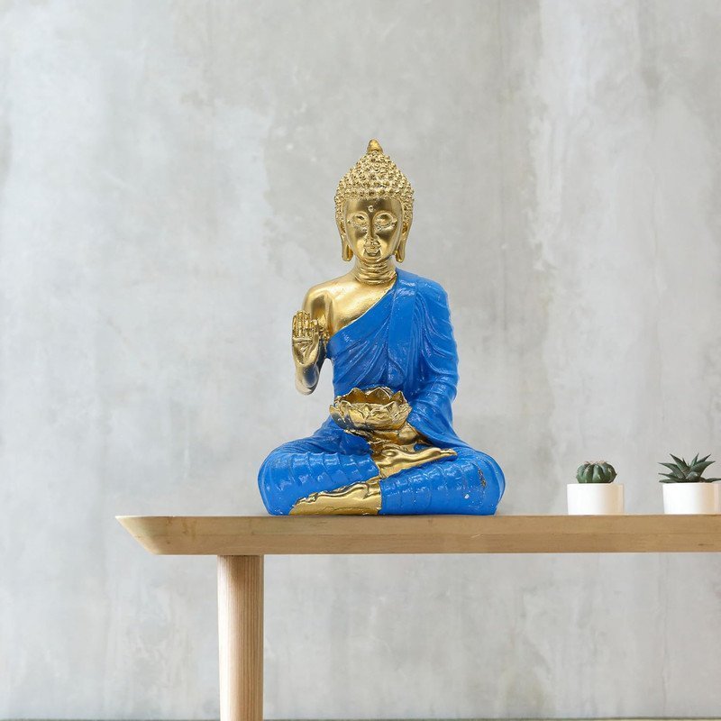Buddha with Lotus Flower Statue, Blue Robe Gold Finish, 24.1 x 16.5 cm