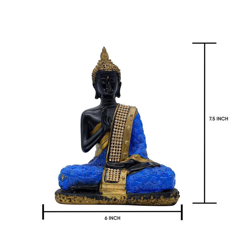 Thai Buddha Statue with Crystal Accents, Black and Blue, 7.5 x 6 inch