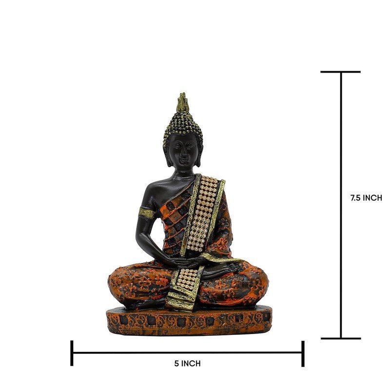 Samadhi Buddha Statue, Black and Orange with Jewelled Robe, 7.5 inch Height
