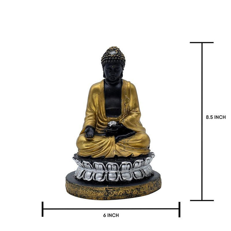 Black and Gold Samadhi Buddha Statue with Silver Lotus Base, 21.6 x 15.2 cm