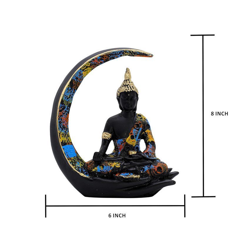 Buddha Statue on Crescent Moon, Black with Colourful Mosaic Pattern, 20 x 15 cm