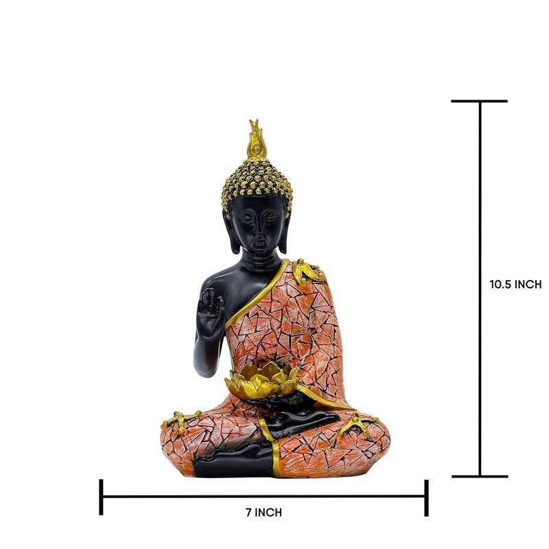 Decorative Buddha Statue with Lotus, Black and Orange Mosaic Design, 26.7 cm x 17.8 cm