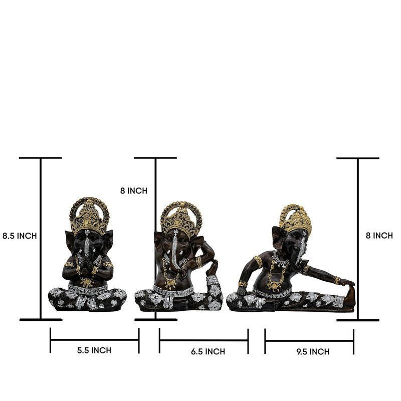 Black Ganesha Idol Set of 3 with Gold & Silver Detailing