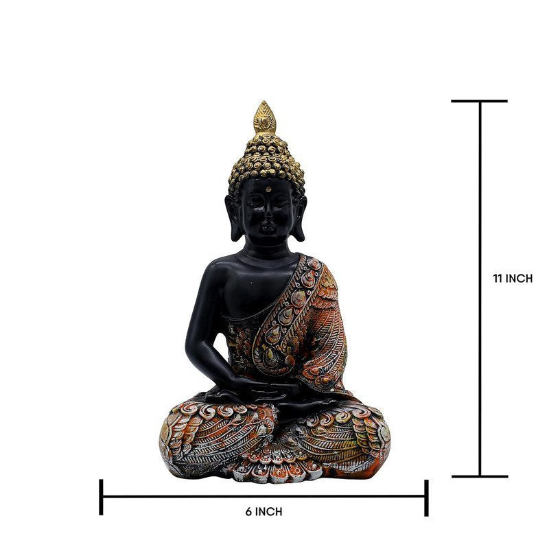 Meditating Sitting Buddha Statue Idol with Gold Crown and Carved Robe, 28 cm x 15 cm