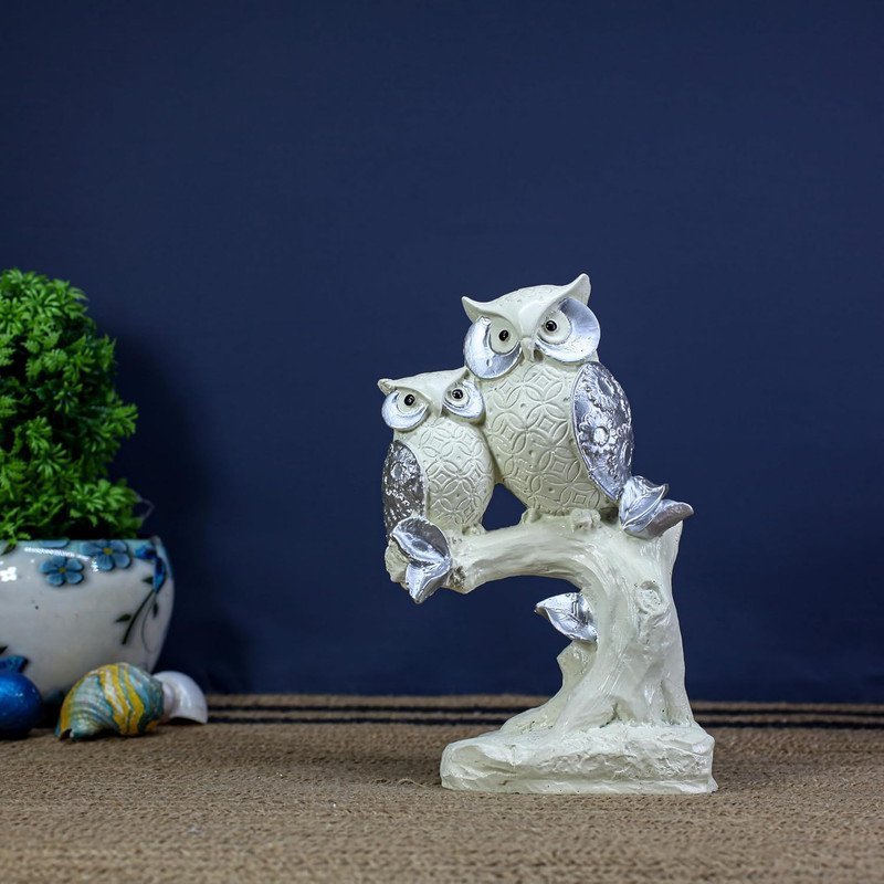 White and Silver Polyresin Owl Set of 2 Showpiece for Table Decor
