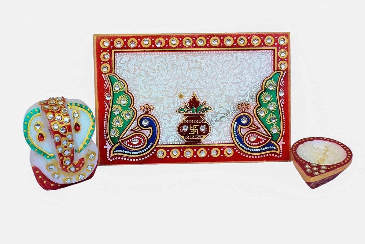Marble Ganesha Chowki with Diya Puja Set