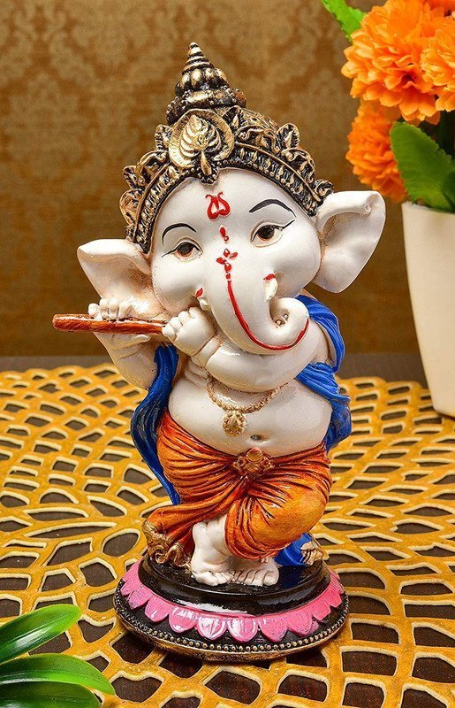 Hand-Painted Baby Ganesha with Flute Statue