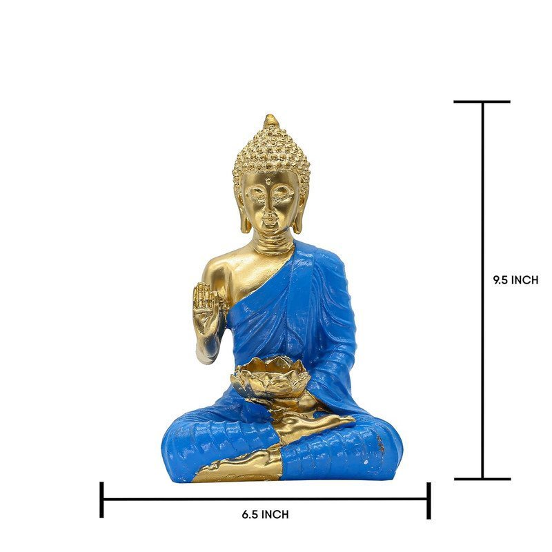 Buddha with Lotus Flower Statue, Blue Robe Gold Finish, 24.1 x 16.5 cm