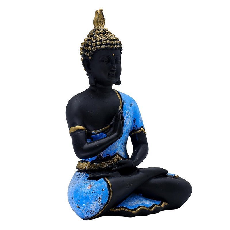 Decorative Buddha Statue, Black and Blue with Gold Accents, 25.4 cm x 17.8 cm