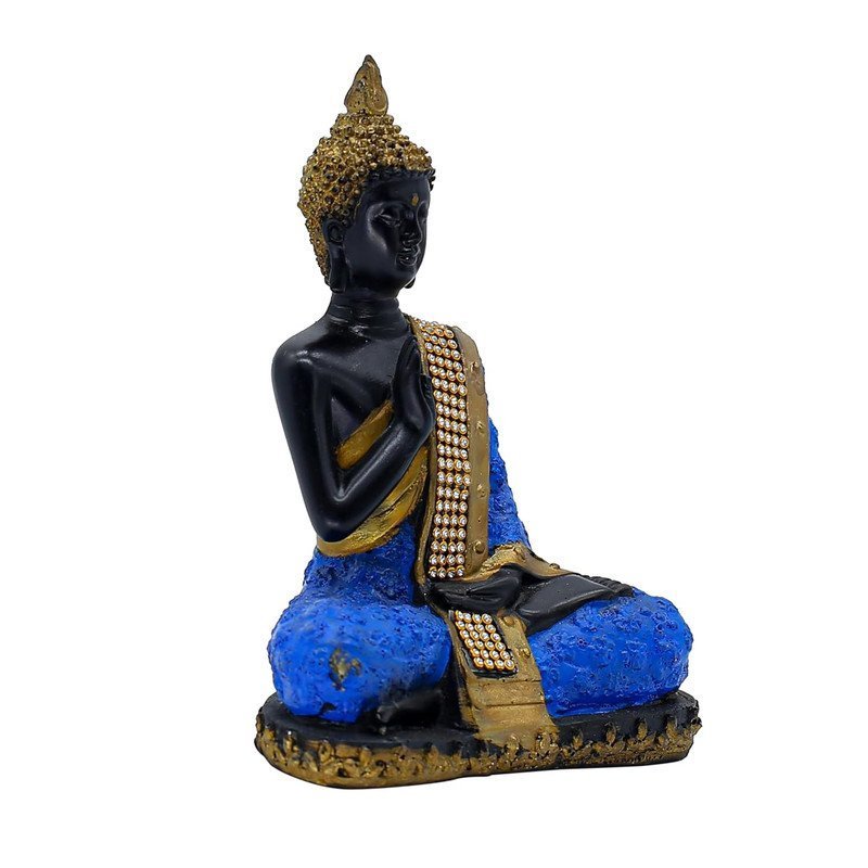Thai Buddha Statue with Crystal Accents, Black and Blue, 7.5 x 6 inch
