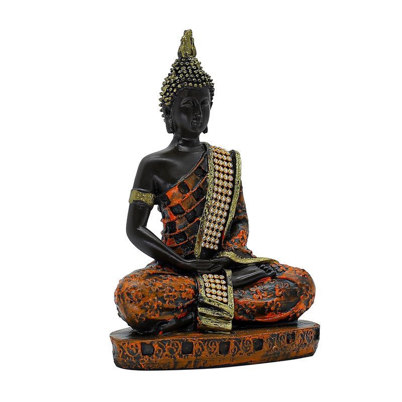 Samadhi Buddha Statue, Black and Orange with Jewelled Robe, 7.5 inch Height