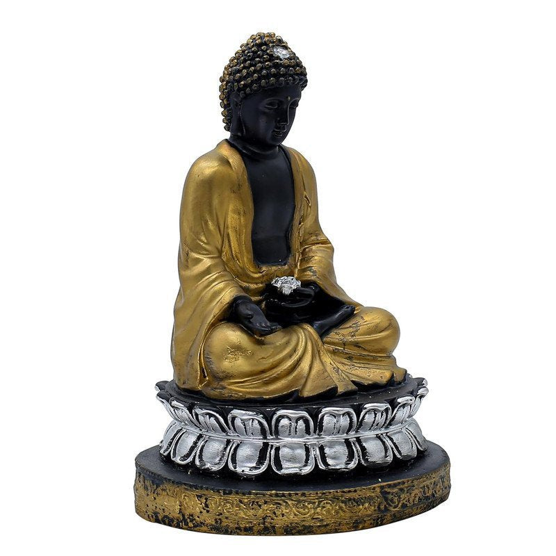Black and Gold Samadhi Buddha Statue with Silver Lotus Base, 21.6 x 15.2 cm