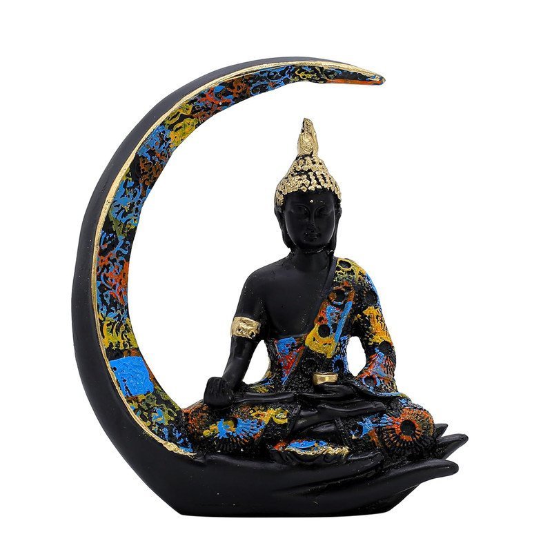 Buddha Statue on Crescent Moon, Black with Colourful Mosaic Pattern, 20 x 15 cm