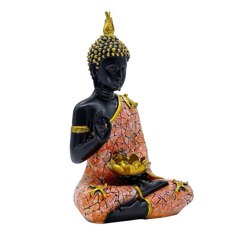 Decorative Buddha Statue with Lotus, Black and Orange Mosaic Design, 26.7 cm x 17.8 cm