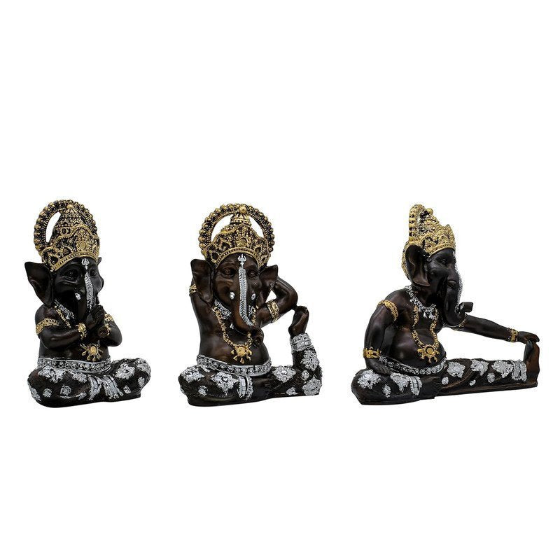 Black Ganesha Idol Set of 3 with Gold & Silver Detailing